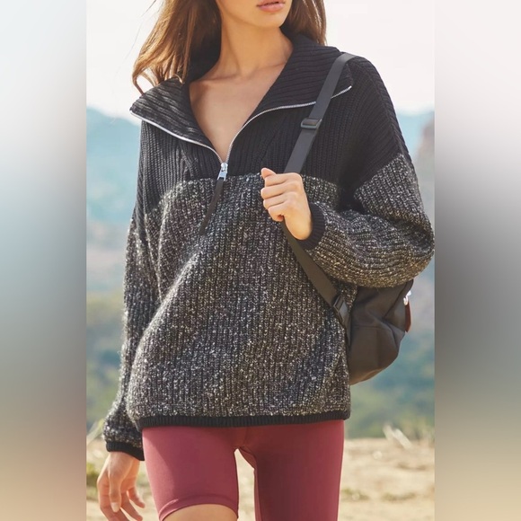 Varley Willard 1/2 Zip Knit Sweater, Black and Gray, High Neck, Relaxed, XS - Picture 1 of 16